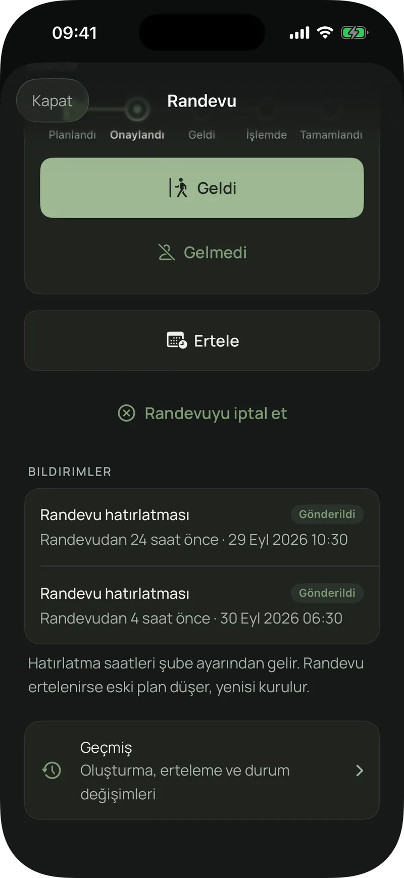Randevu detayında gönderilen WhatsApp hatırlatmaları ve randevu geçmişi