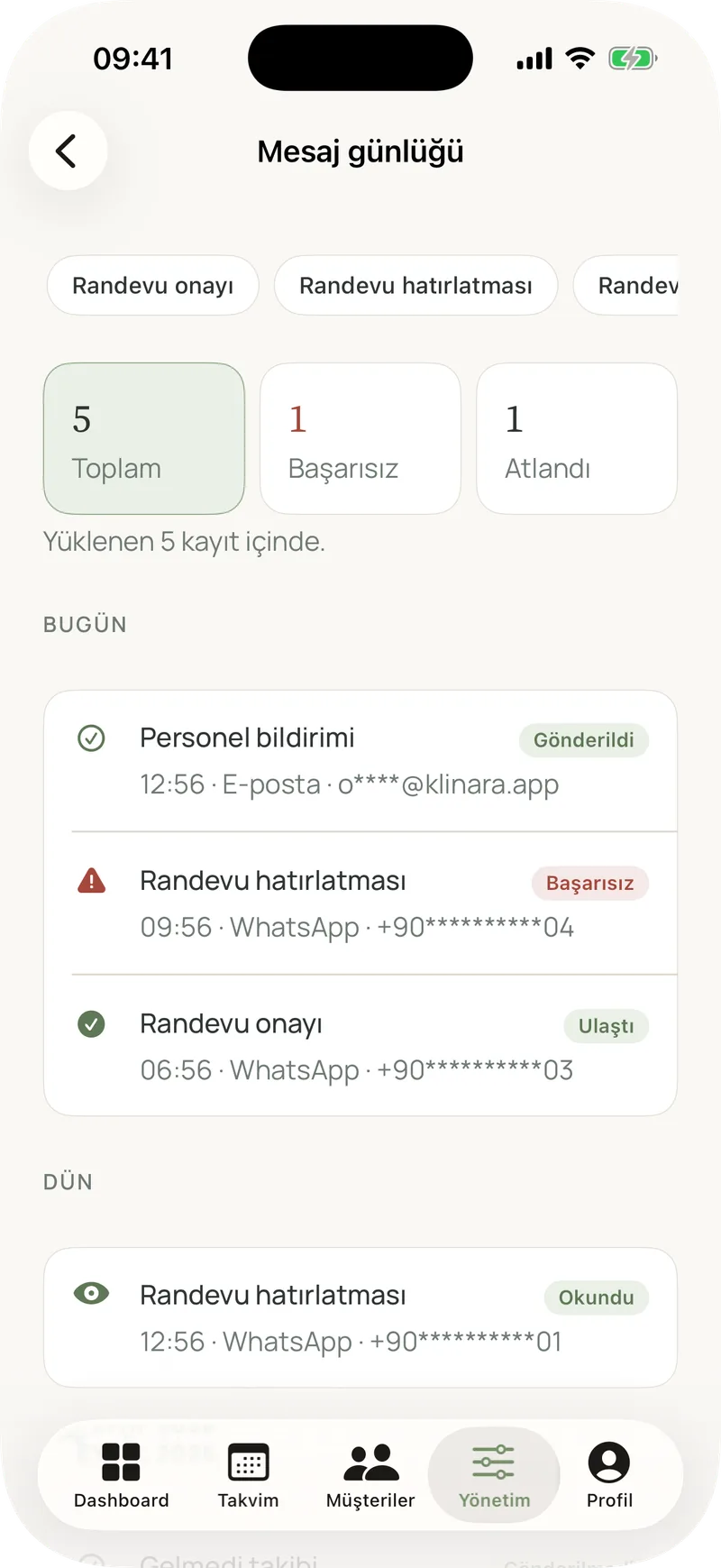 Mesaj günlüğü: ulaşan, okunan ve gönderilemeyen bildirimler