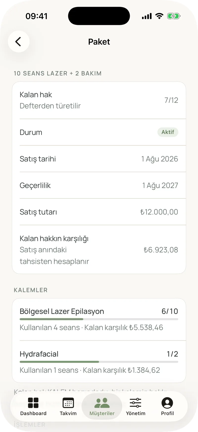 Seans paketi detayı: kalan hak, geçerlilik ve kalem bazında kullanım